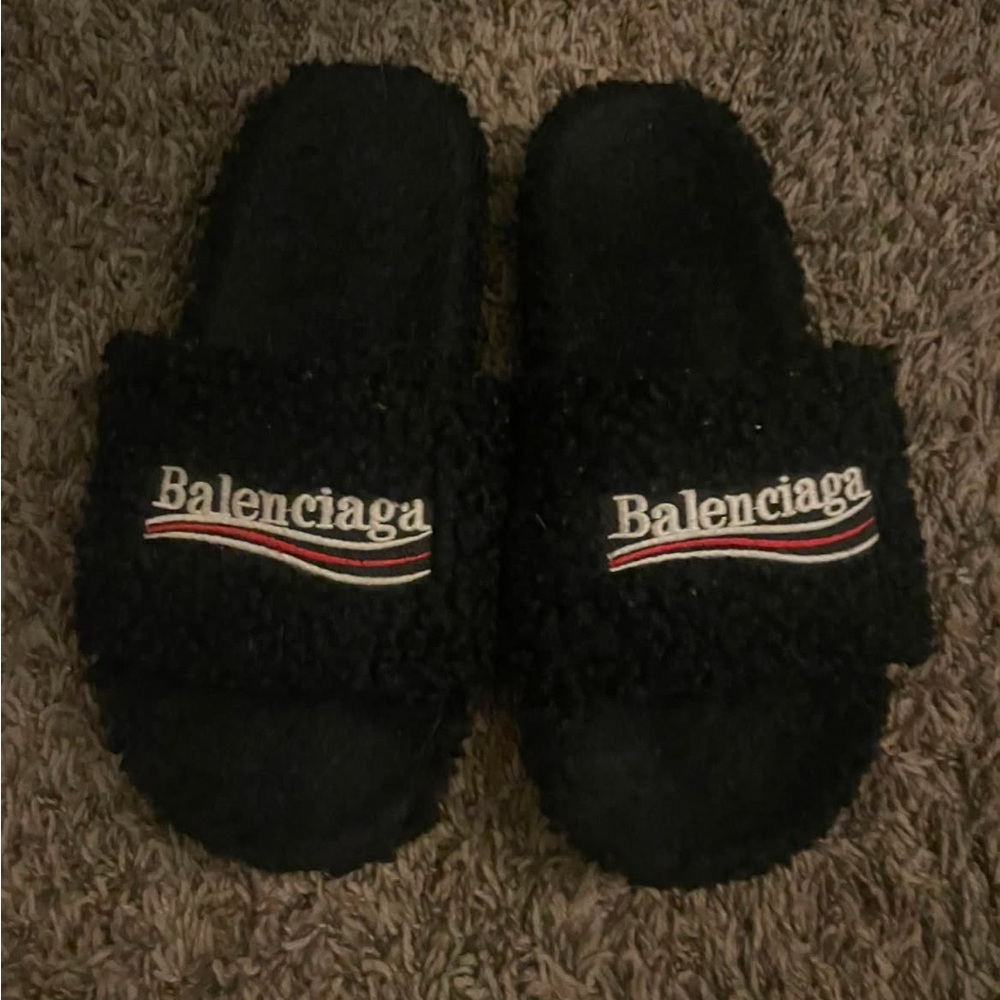 Balenciaga Kids' Black Sherpa Logo Slide Sandals